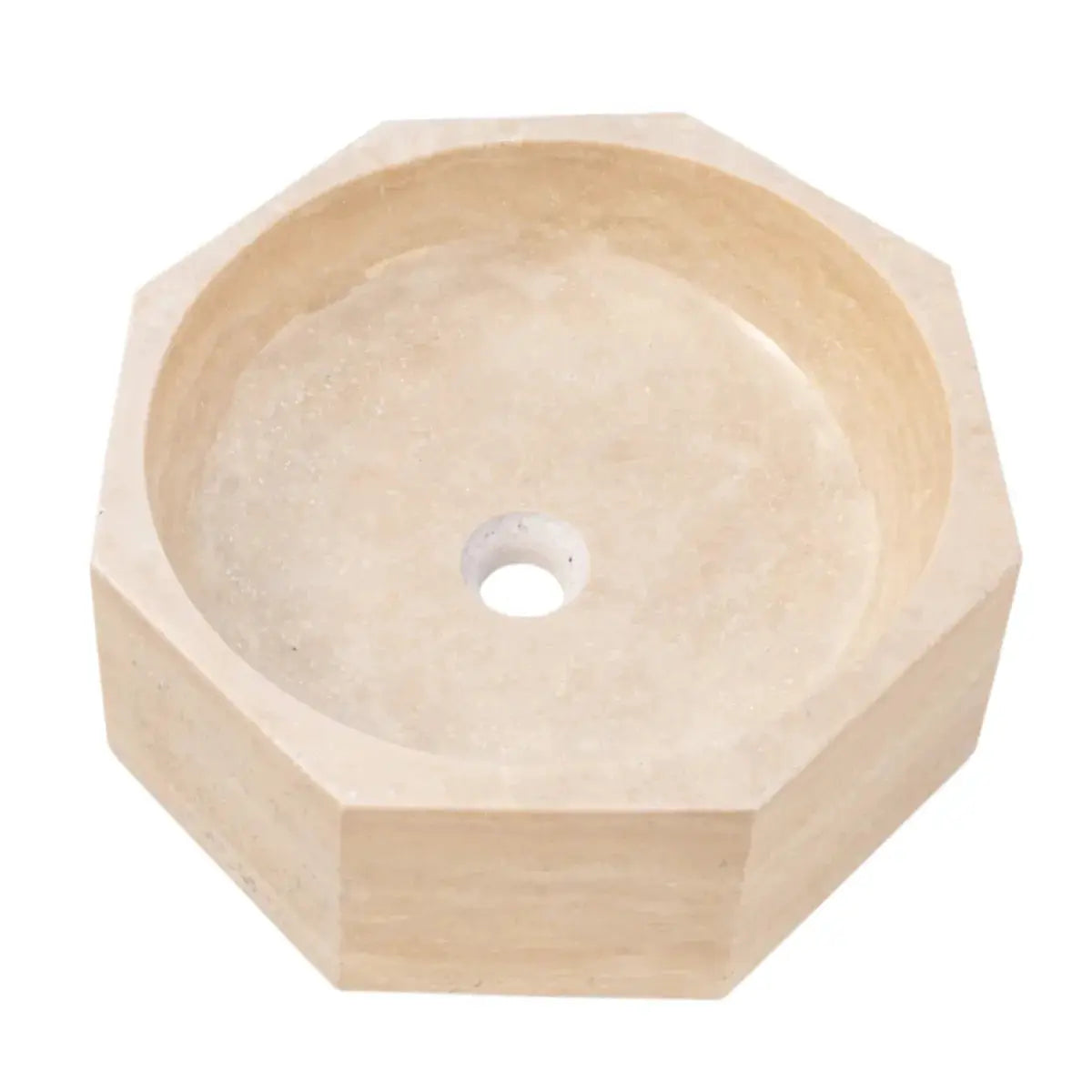 Travertine octagon vanity vessel sink, light beige, polished finish.
