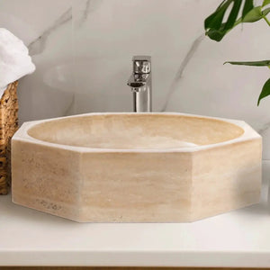 Villohome light beige travertine octagon vanity vessel sink polished