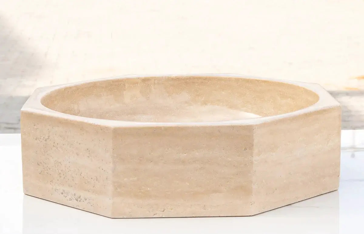 Travertine octagonal above-vanity bathroom vessel sink, light beige, polished