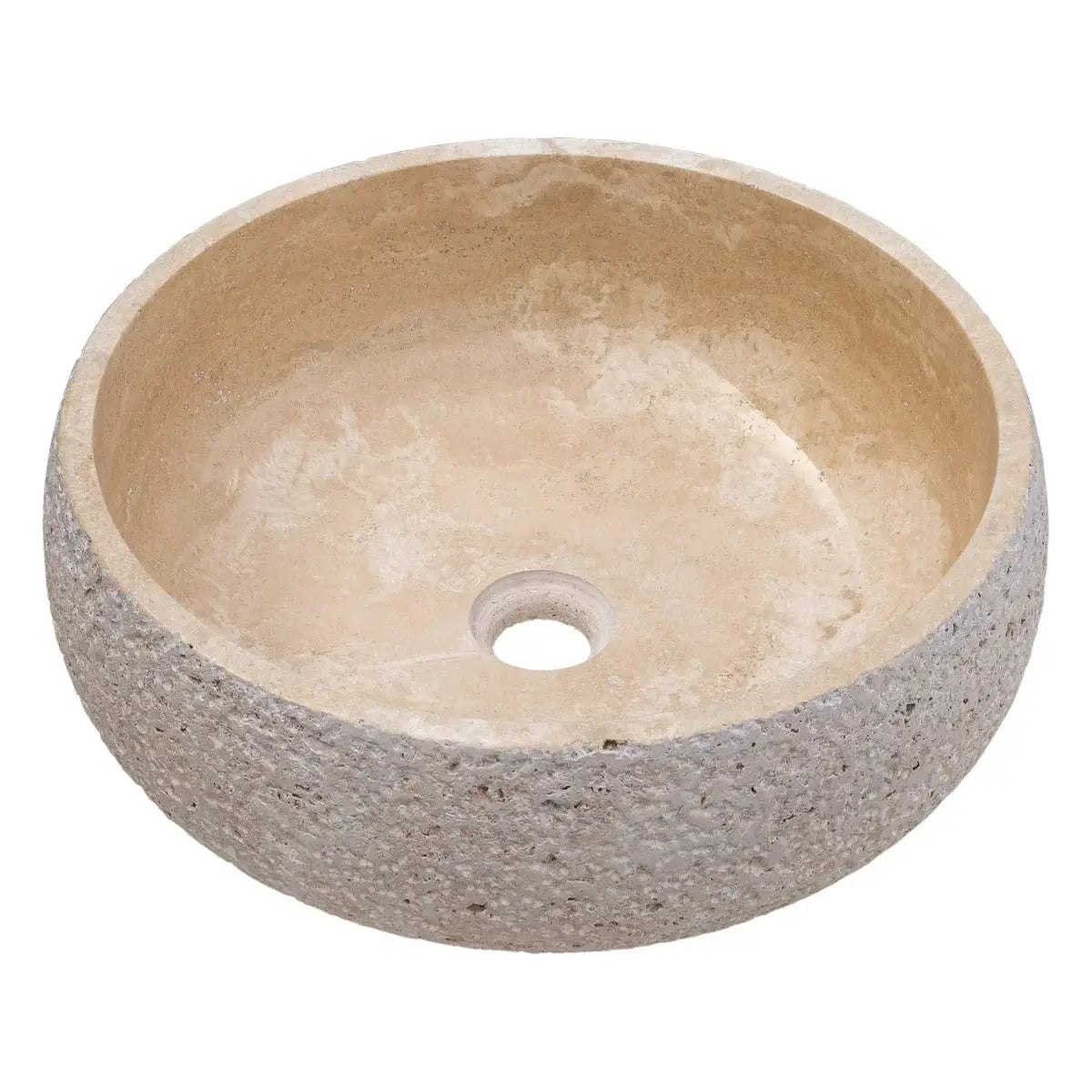 Villohome travertine vessel sink, light beige round above-counter basin with rustic exterior, 16in dia x 6in high.