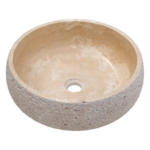 Villohome travertine vessel sink, light beige round above-counter basin with rustic exterior, 16in dia x 6in high.