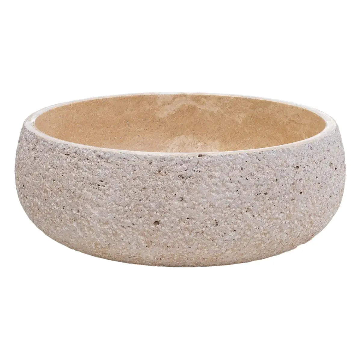 Light beige travertine vessel sink for above-counter vanity, rustic exterior