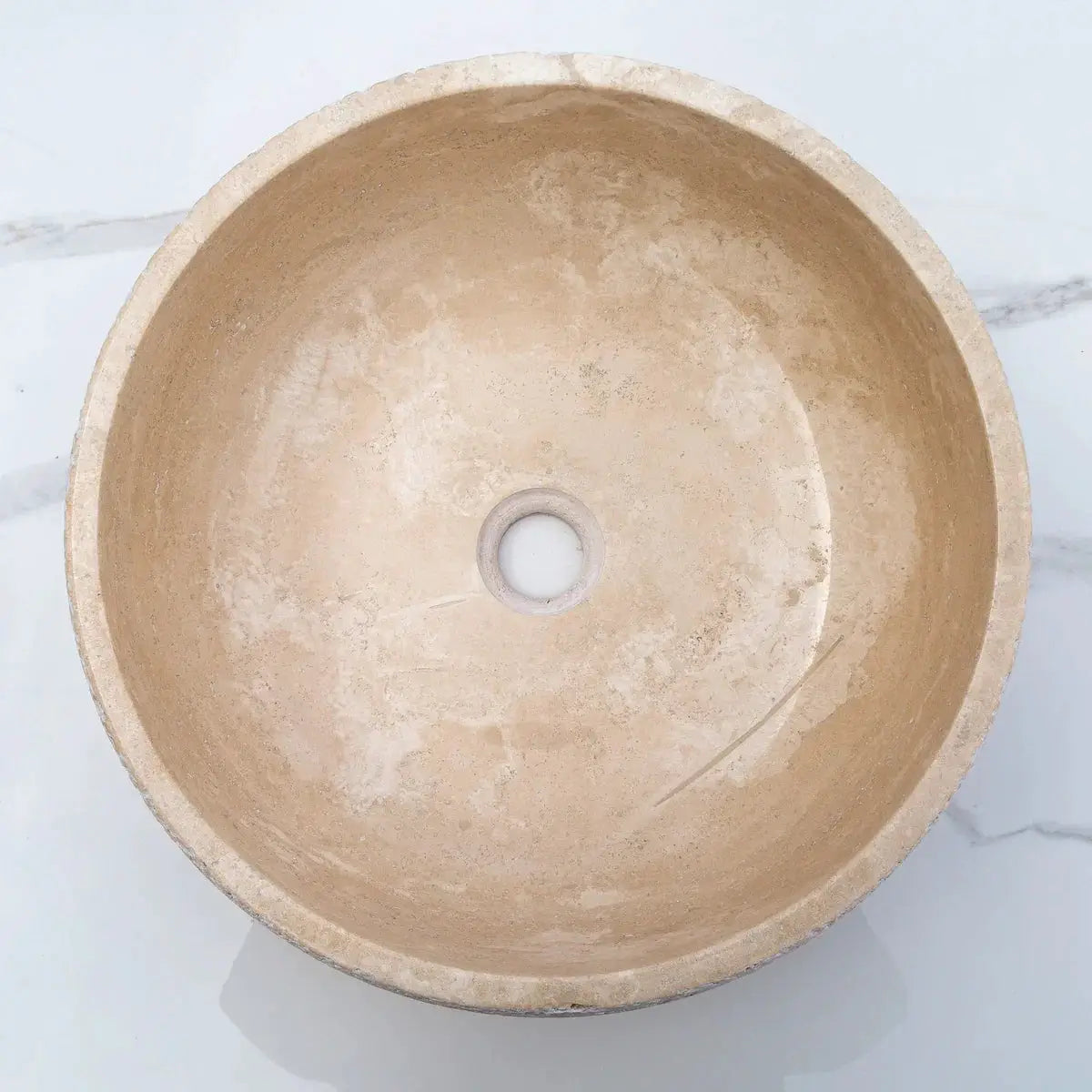 Travertine vessel sink by Villohome, light beige round stone basin, 16 in diameter