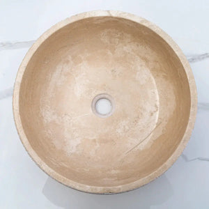 Travertine vessel sink by Villohome, light beige round stone basin, 16 in diameter