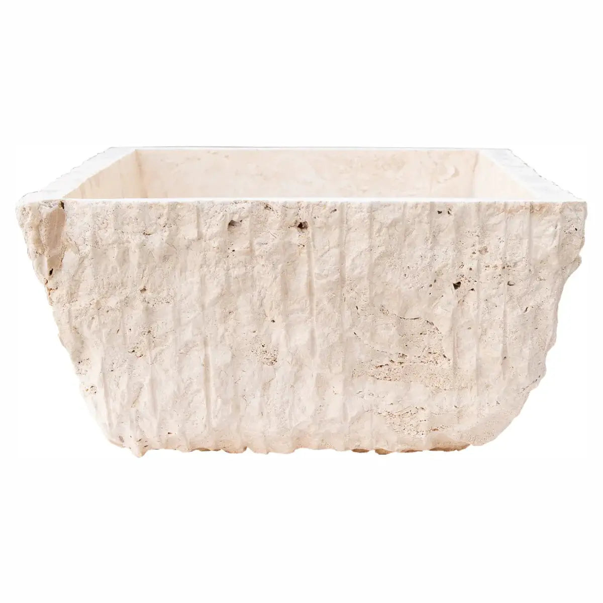 Troia Light Rustic Travertine vanity sink by Villohome, rectangular above-counter with hand-chiseled exterior