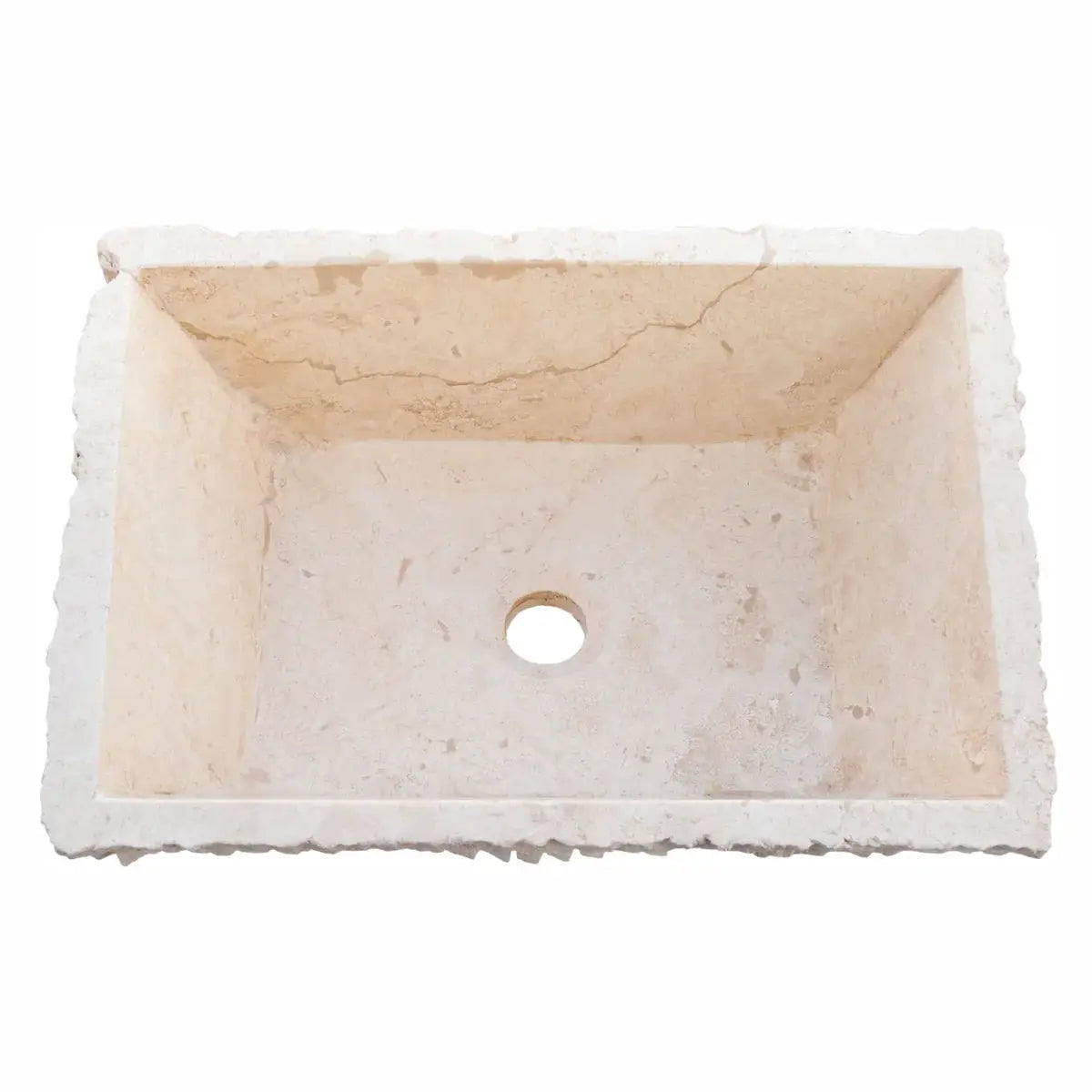 Villohome Troia Light travertine rectangular bathroom sink with hand-chiseled exterior.