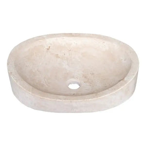 Villohome honed light travertine natural stone bathroom vessel sink, oval above vanity.
