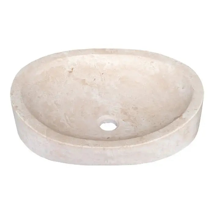 Villohome honed light travertine natural stone bathroom vessel sink, oval above vanity.