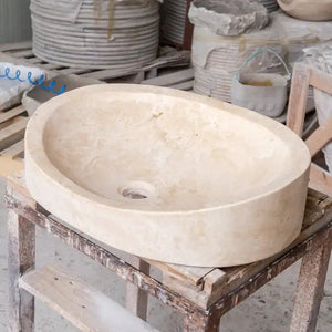 Bathroom vanity vessel sink by Villohome, light travertine, honed natural stone.