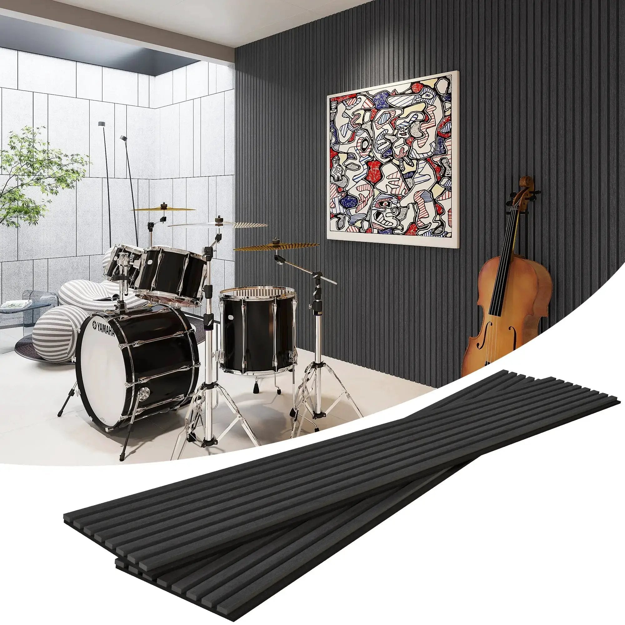 MDF Acoustic Slat Wood Wall Panels by HAUSVITA in black on wall; music room setup.