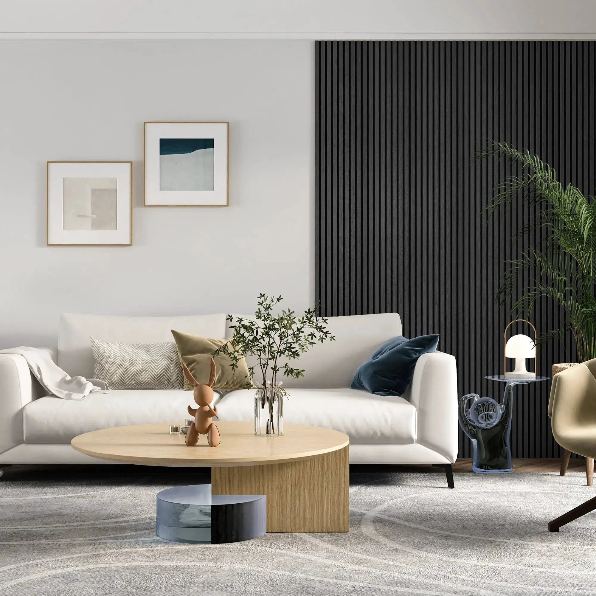 MDF Acoustic Slat Wood Wall Panels in black vertical slat design on living room wall