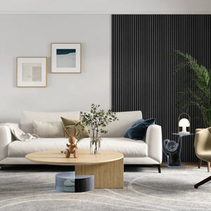 MDF Acoustic Slat Wood Wall Panels in black vertical slat design on living room wall