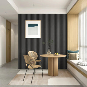 MDF Acoustic Slat Wood Wall Panels by HAUSVITA; dark charcoal vertical slat wall paneling.