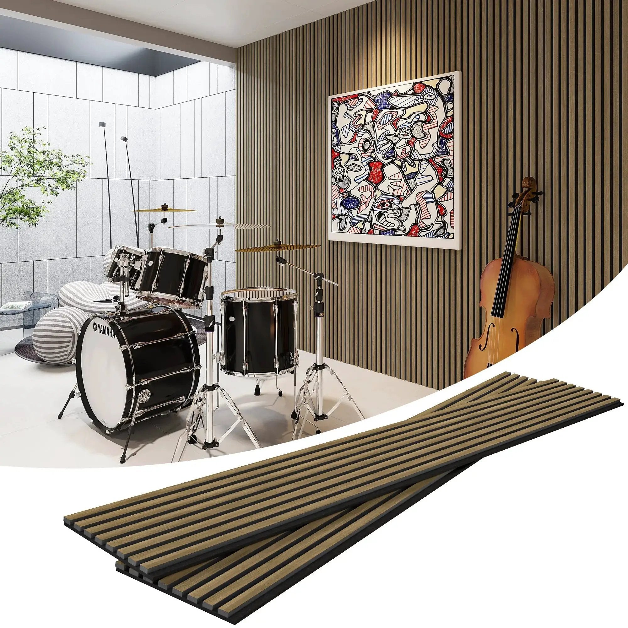 MDF Acoustic Slat Wood Wall Panels by HAUSVITA in dark wood finish with vertical slats.