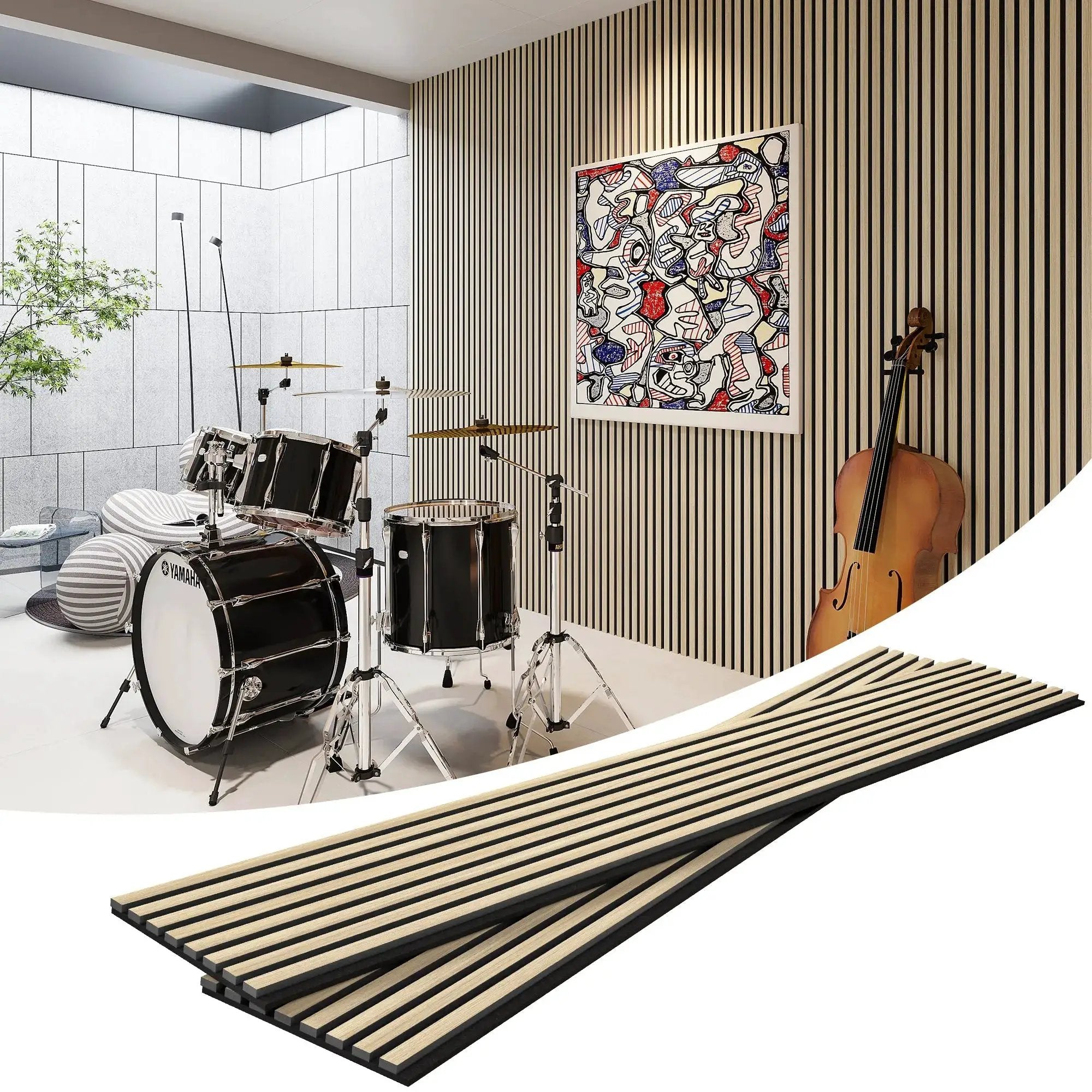 MDF Acoustic Slat Wood Wall Panels by HAUSVITA with natural wood-toned vertical slats.