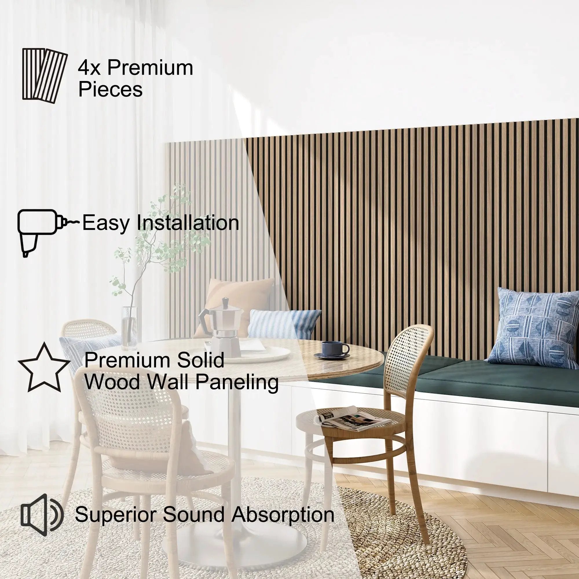 HAUSVITA MDF Acoustic Slat Wood Wall Panels, 4x premium pieces, wood slat wall, easy installation