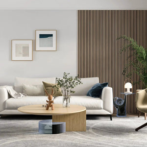 MDF Acoustic Slat Wood Wall Panels by HAUSVITA with natural wood vertical slats on a living room wall.