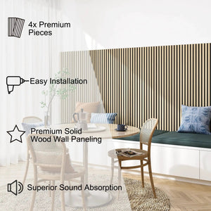 MDF Acoustic Slat Wood Wall Panels by HAUSVITA, 4 premium pieces in natural wood finish for wall paneling.