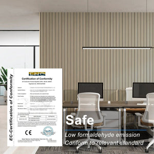 MDF acoustic slat wood wall panels in beige, vertical slat design installed in a modern showroom.