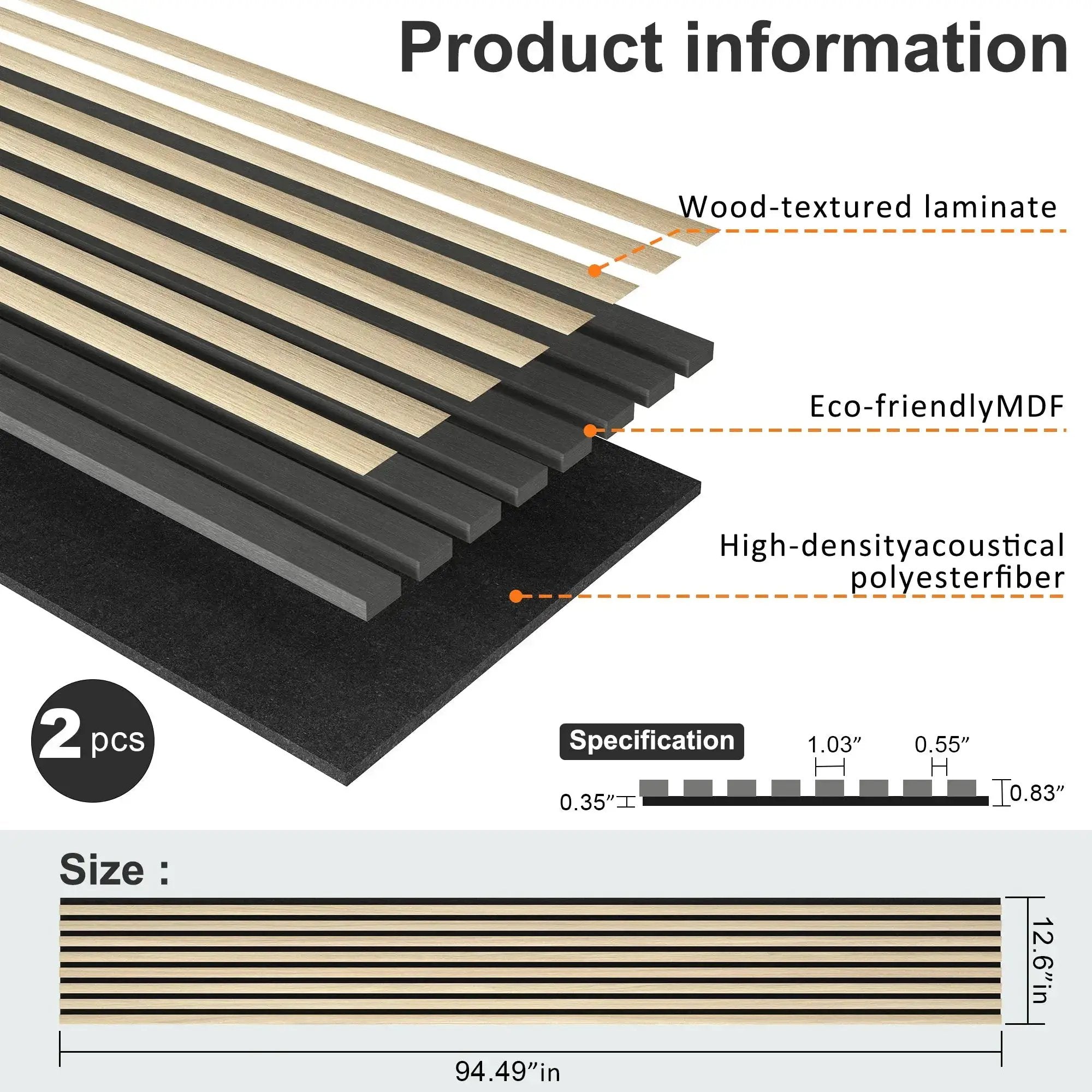 HAUSVITA MDF Acoustic Slat Wood Wall Panels, wood-textured laminate, eco-friendly MDF, 2 pcs