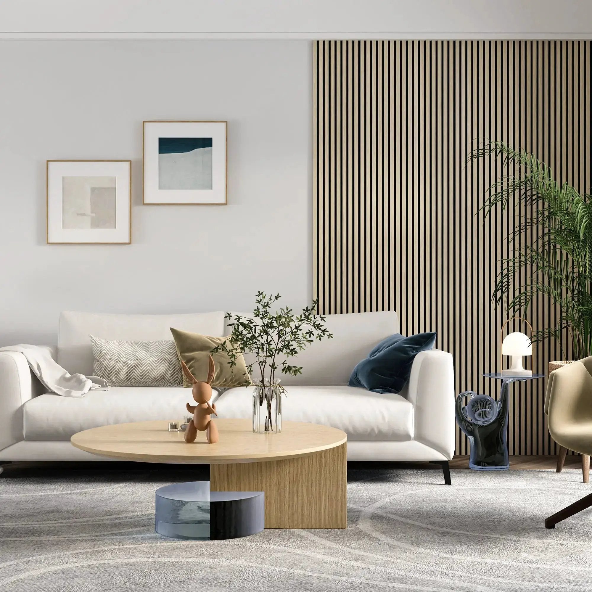 MDF acoustic slat wood wall panels in light natural finish forming vertical striped accent wall