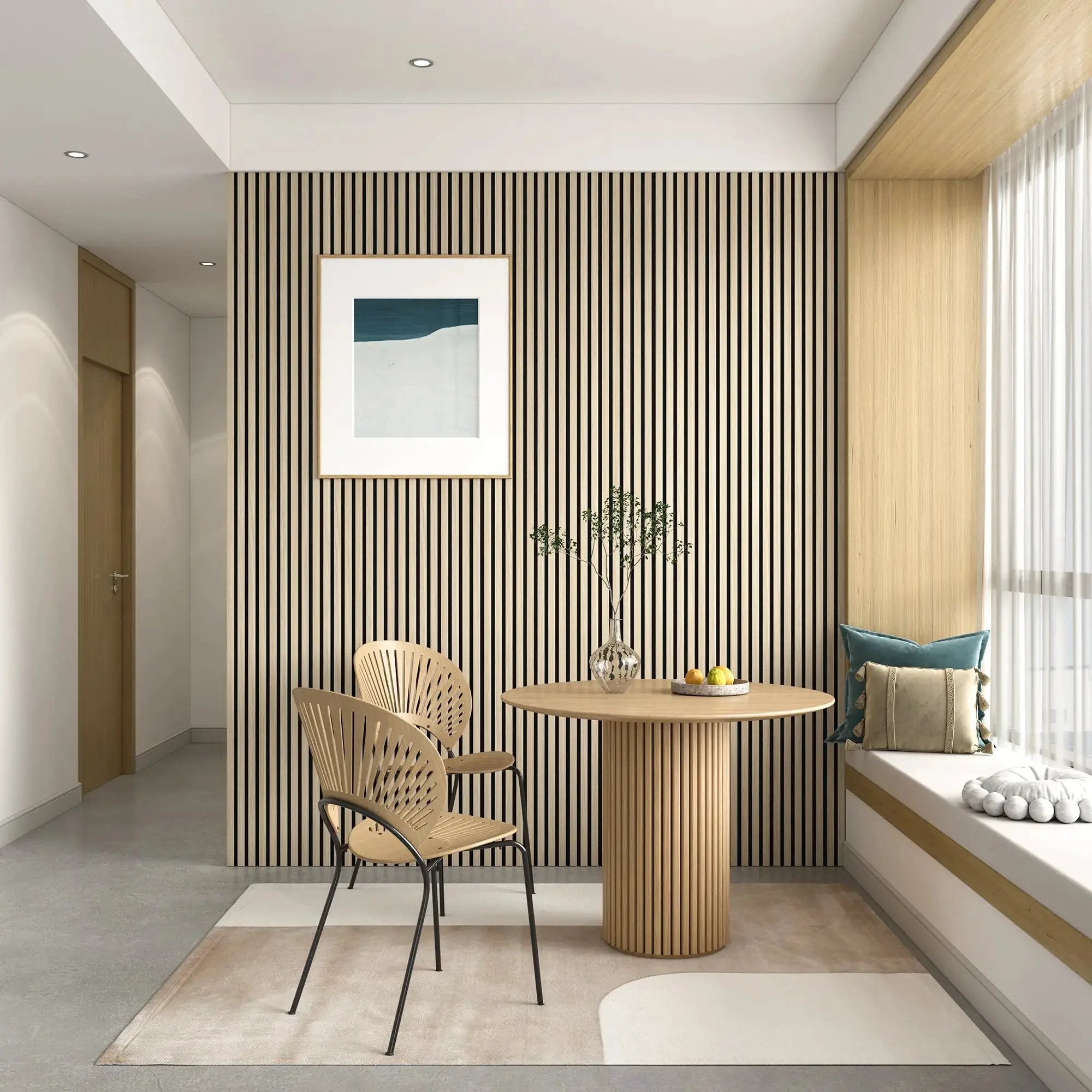 HAUSVITA MDF acoustic slat wall panels in natural wood; vertical striped backdrop in dining area with two wooden chairs.