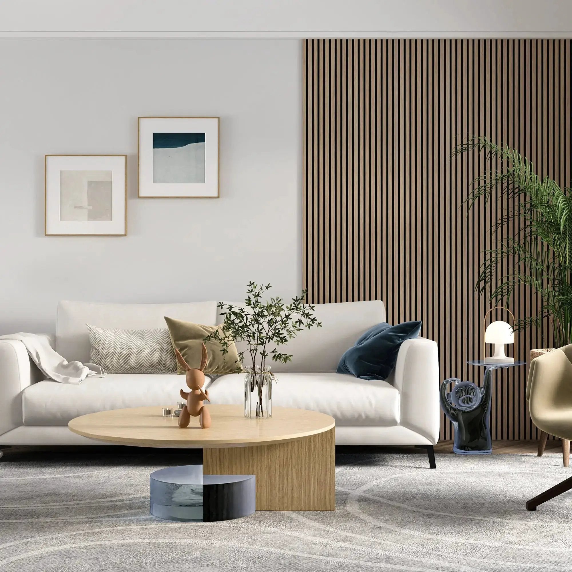 HAUSVITA MDF Acoustic Slat Wood Wall Panels with natural wood slats on a living room wall.