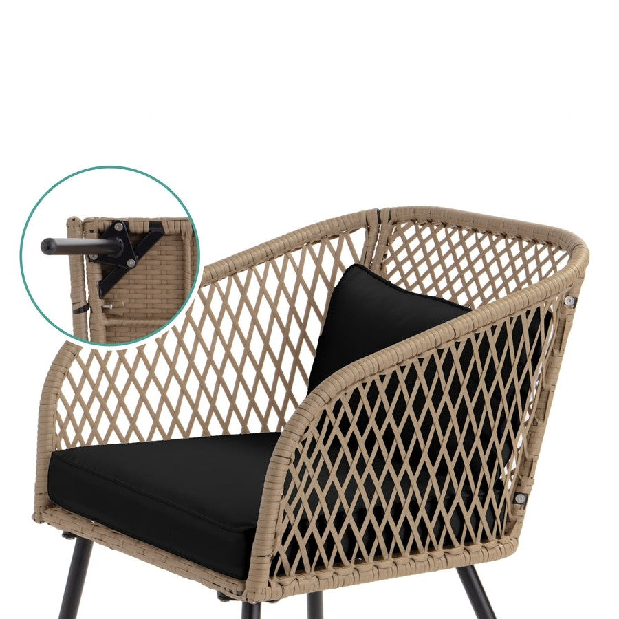 3 Piece Beige/Black Outdoor Weave Wicker Bistro w/ Tempered Glass Side Table Set