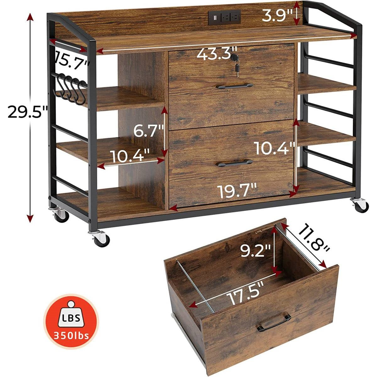Brown Printer Stand Bookcase Power Station Mobile Office File Cabinet