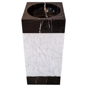 Natural marble pedestal sink by Villohome; black Carrara top and bottom with white textured stand, 3-piece bathroom sink.