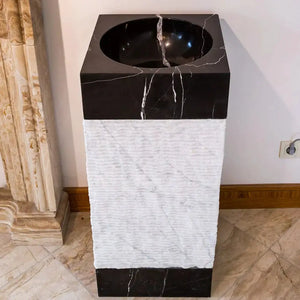 Marble pedestal sink, 3-piece stand-alone unit with black marble top and white textured pedestal