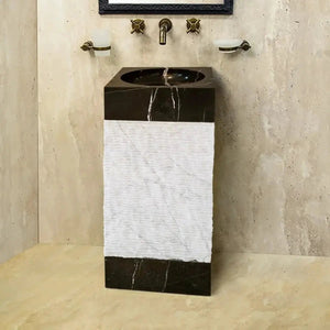 Natural Stone 3-piece Marble Pedestal Sink, Villohome, black Carrara top with white body