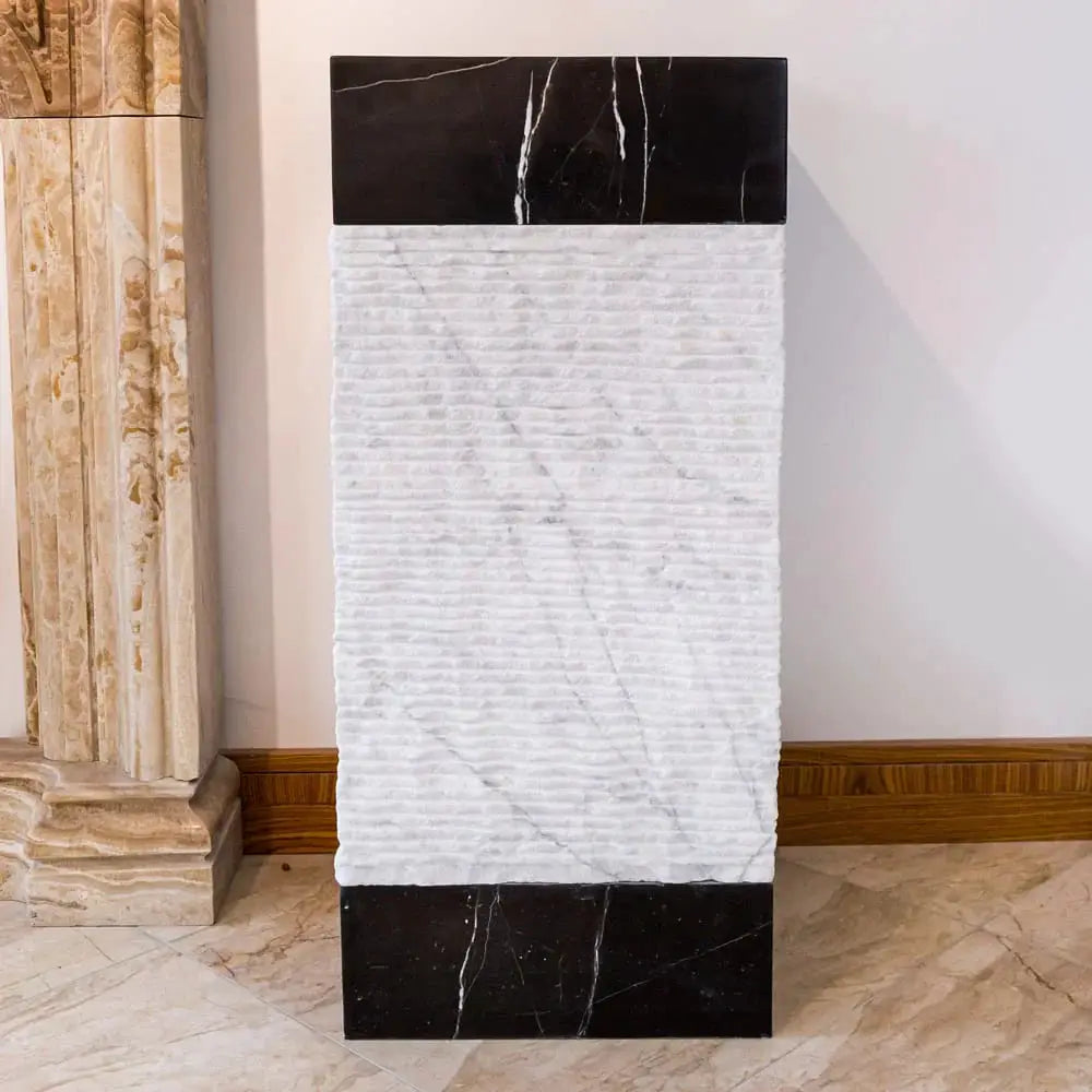 Natural Stone 3-piece marble pedestal sink with black top and base and white Carrara body