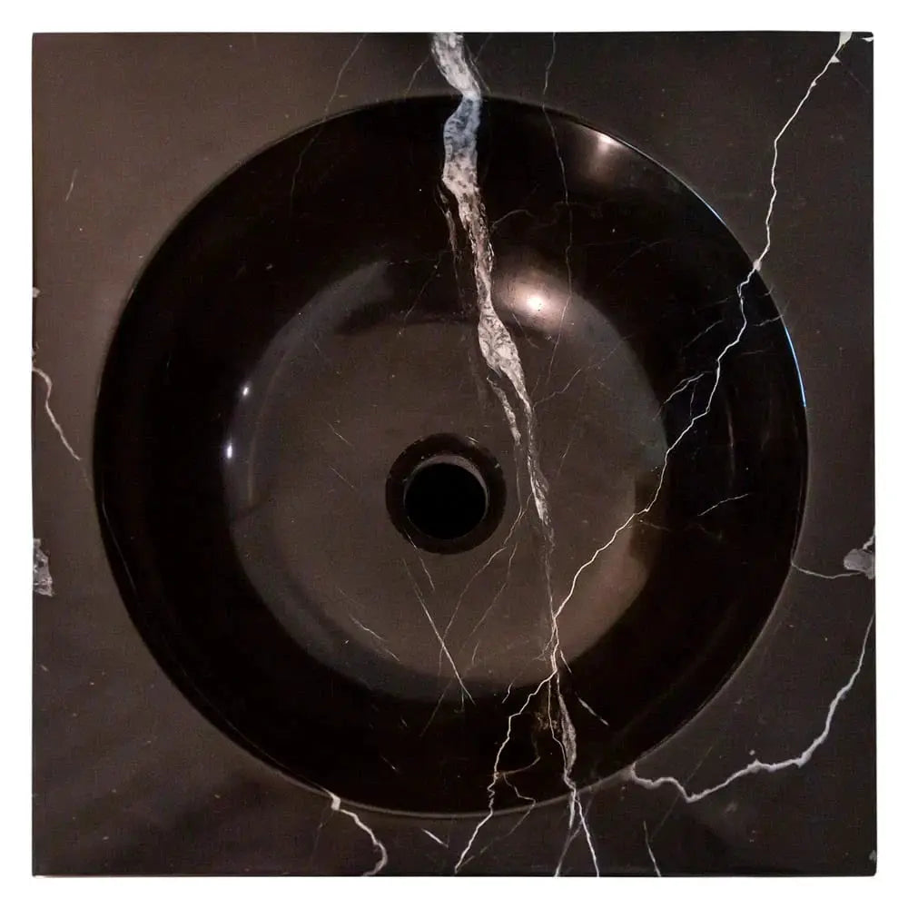 Villohome natural stone marble bathroom sink, black Carrara with white veining, round basin top view