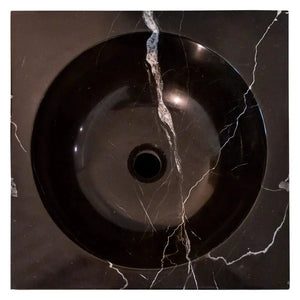 Villohome natural stone marble bathroom sink, black Carrara with white veining, round basin top view