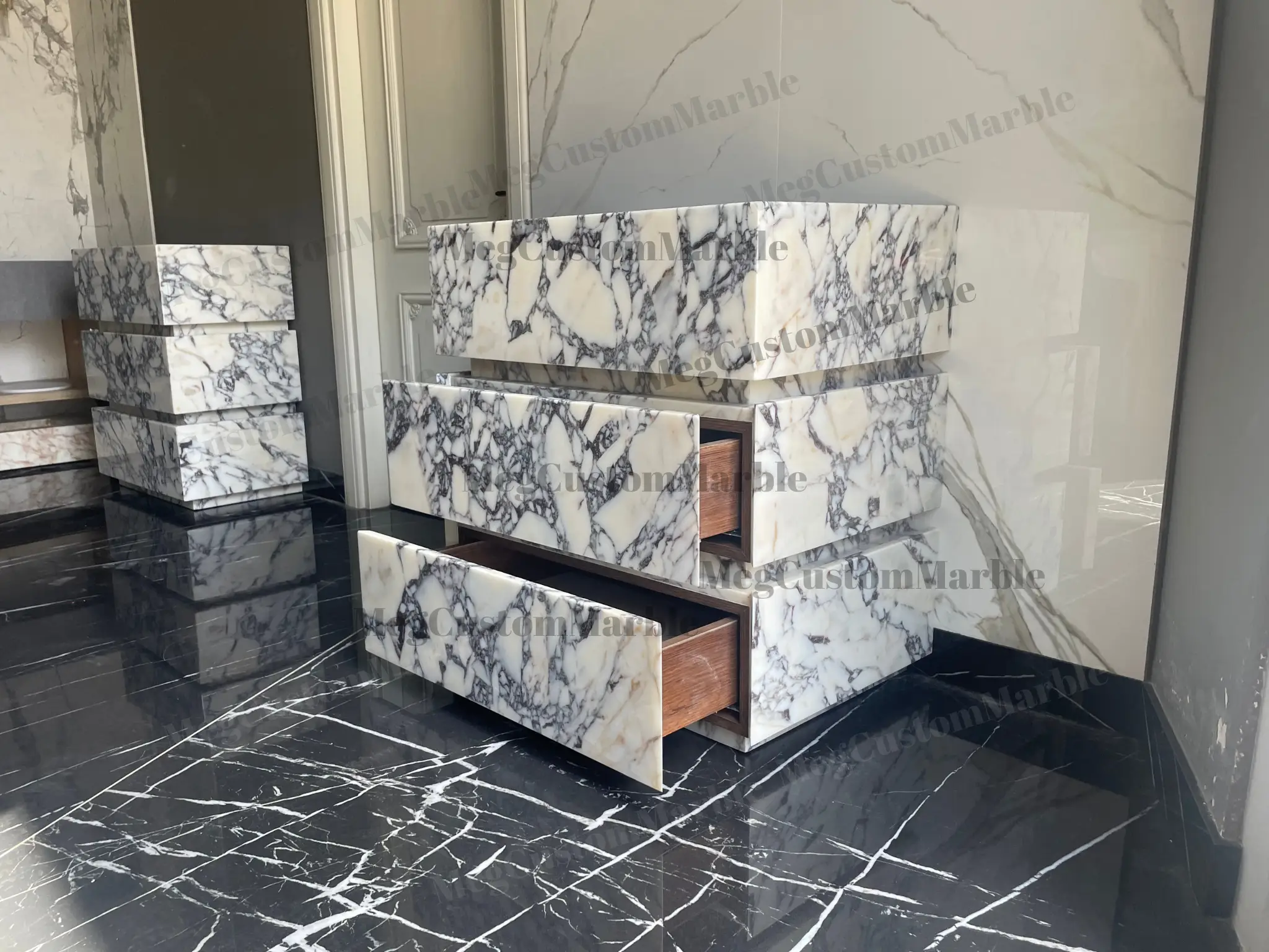 Freestanding vanity unit with Calacatta Viola marble drawers; white with purple-gray veining, by MEG Custom Marble