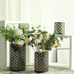 Metal hurricane holders set of 3 in black with decorative lattice cutouts for candles