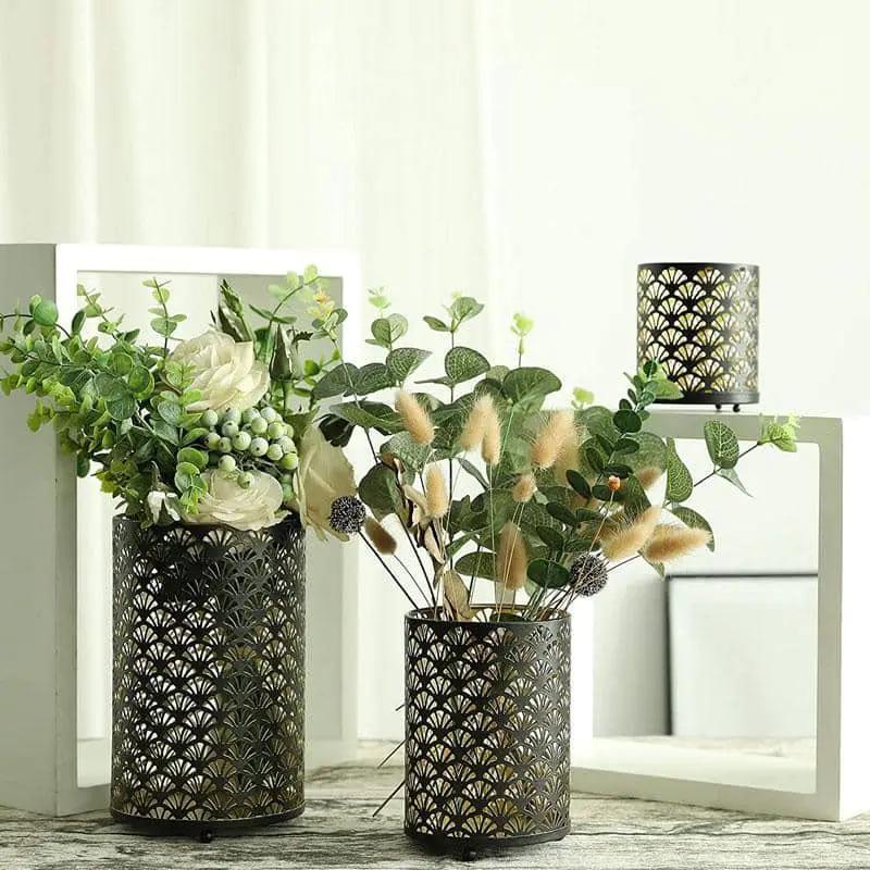 Metal hurricane holders set of 3 in black with decorative lattice cutouts for candles