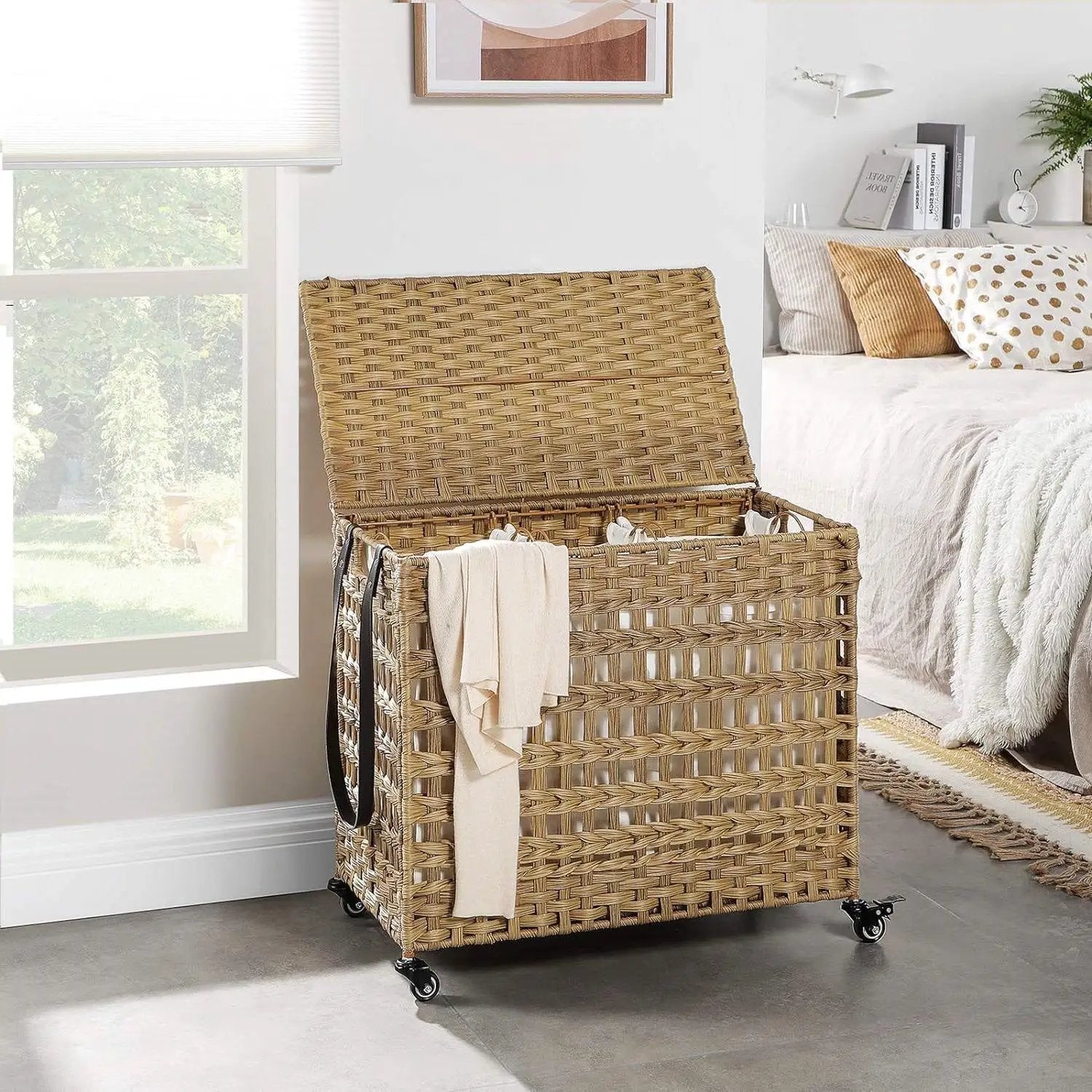 HomePacific tan PP rattan 3-basket laundry hamper sorter cart with removable cotton bags on wheels