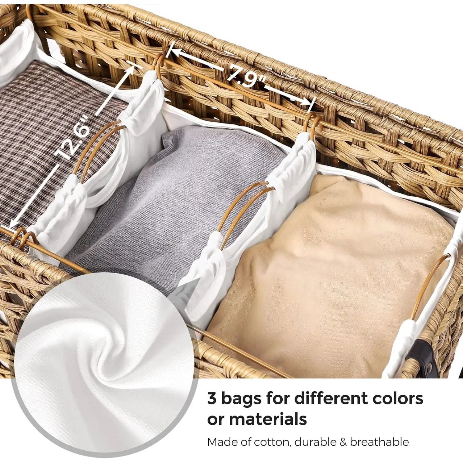 Tan PP rattan 3-basket laundry sorter cart with removable cotton bags