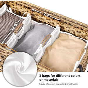 Tan PP rattan 3-basket laundry sorter cart with removable cotton bags