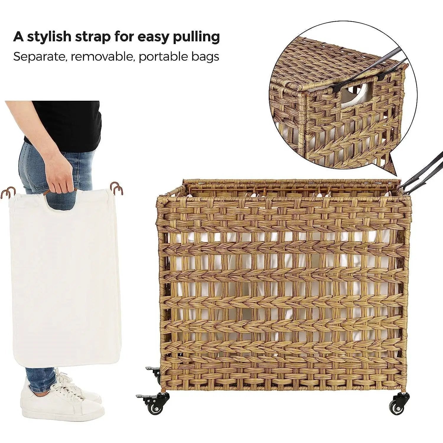 Tan PP rattan 3-basket laundry hamper sorter cart on wheels with removable cotton bags