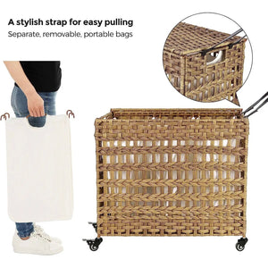 Tan PP rattan 3-basket laundry hamper sorter cart on wheels with removable cotton bags