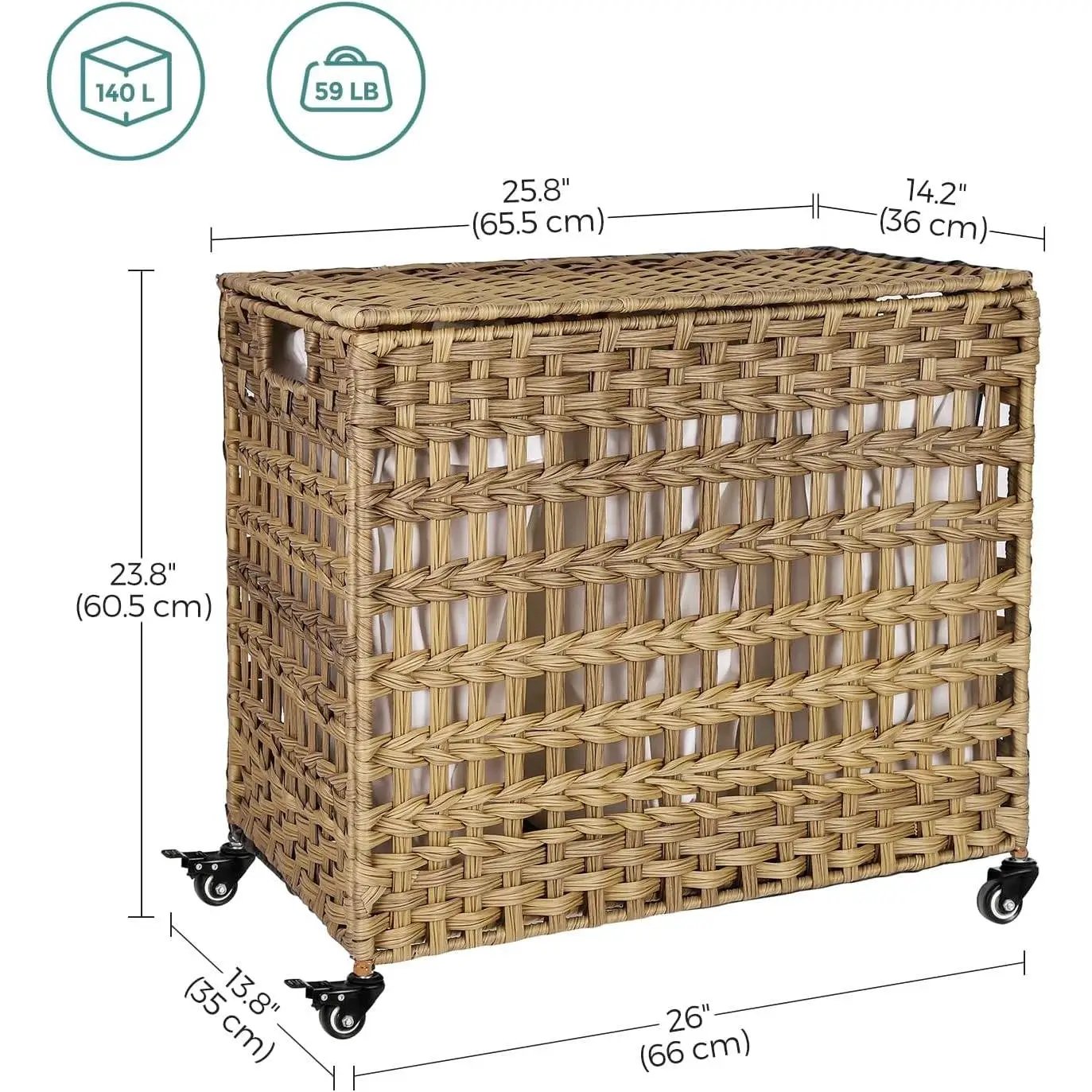 HomePacific tan PP rattan 3-basket laundry sorter cart with removable cotton bags on wheels