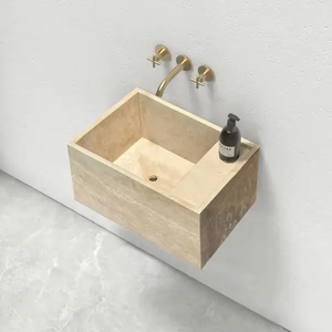 Troia Light Travertine wall-mount bathroom sink by Villohome, 17W x 24L x 14H, gold faucet.