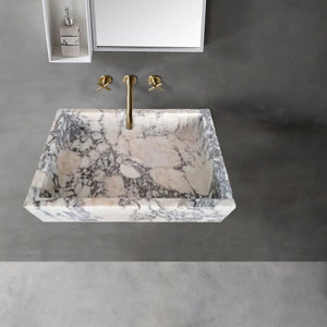 Calacatta Viola marble rectangular wall-mount bathroom sink with brass faucet by Villohome