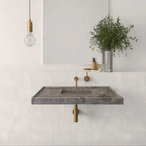 Villohome Tundra Grey Marble rectangular wall-mount bathroom sink with hidden drain, 48in long, gold fixtures.