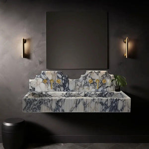 Villohome Calacatta Viola marble wall-mount sink with fluted backsplash and gold faucet set