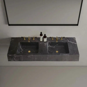 Toros Black Marble Double Sink, polished, wall-mount bathroom sink with two rectangular basins and gold fixtures