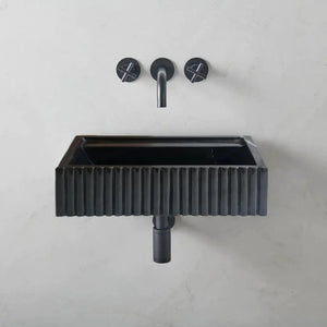 Toros Black Marble rectangular wall-mount bathroom sink with fluted sides, 24x16x7 in